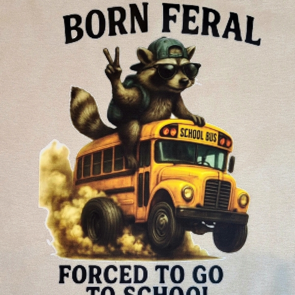 Kids Born Feral Graphic Tee with Raccoon and School Bus - cream - Picture 1 of 3
